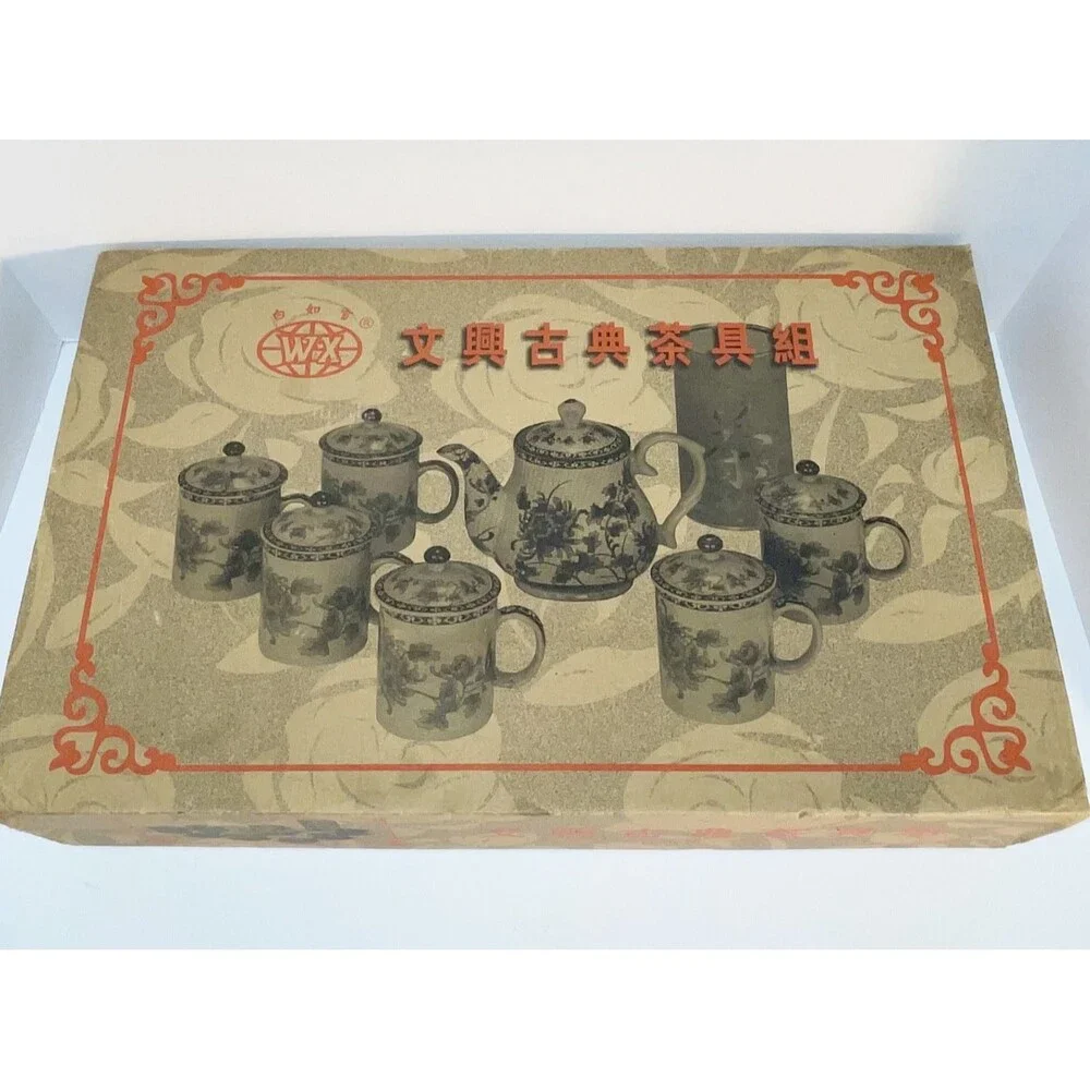 Vintage Bairuxue Art Ceramics Chinese Tea Set Blue Floral on Grey/Green-BOXED
